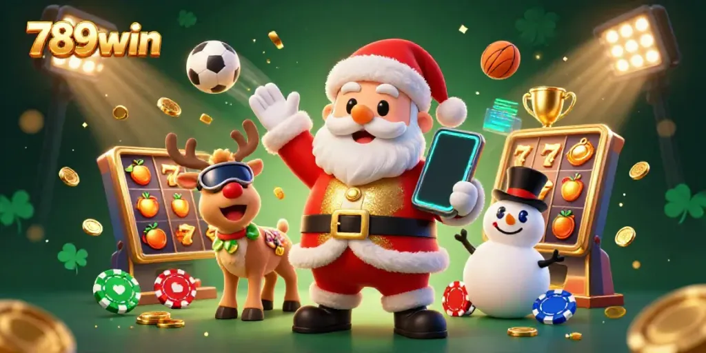 Engage with 789win's vibrant 3D casino scene featuring Santa, a reindeer dealer, and a poker chip snowman.