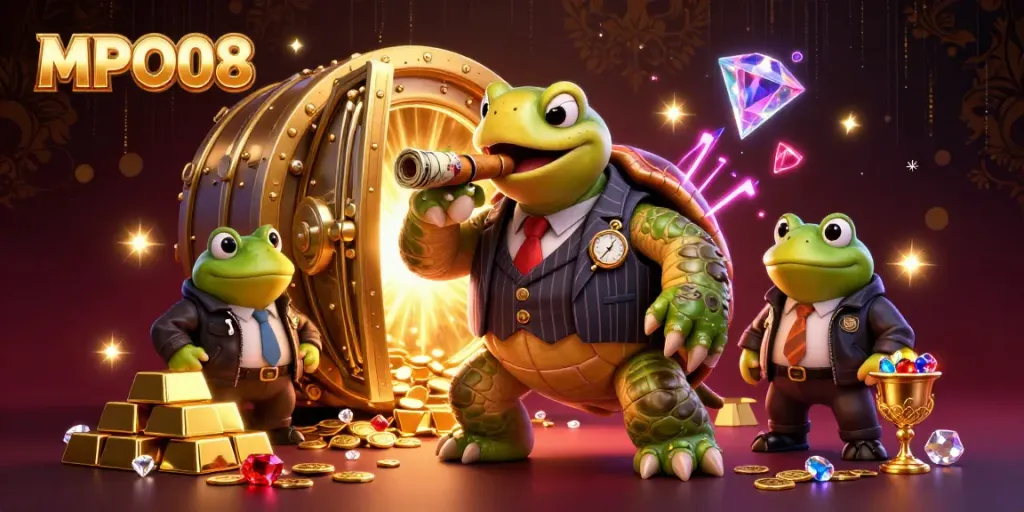 MPO08 captures a vibrant scene with an oversized turtle mobster and bullfrog enforcers amidst a treasure-filled casino atmosphere.