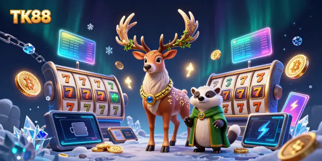 Engage with the magical casino world of TK88, showcasing vibrant slot reels and mystical characters.