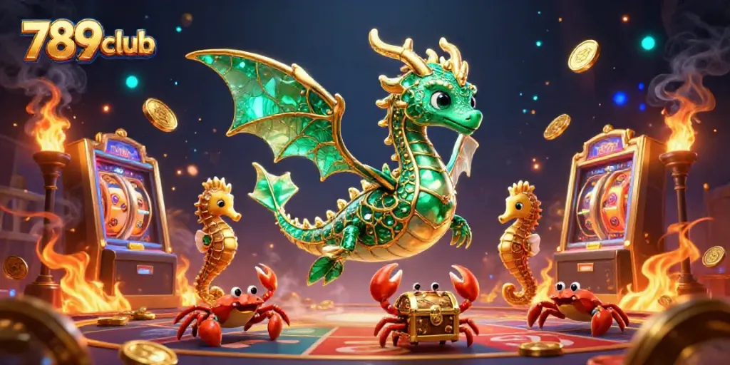 Experience the allure of 789club, with emerald sea dragons and treasure in a vivid casino scene.