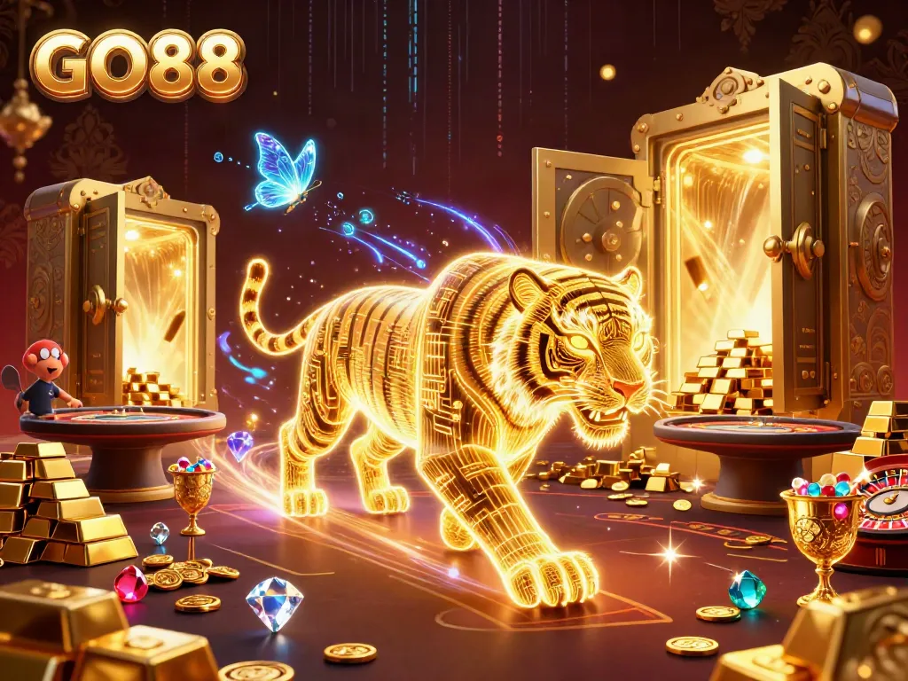 Engage in the thrilling world of GO88, showcasing a neon-wireframe tiger in a vibrant digital casino with gold treasures.