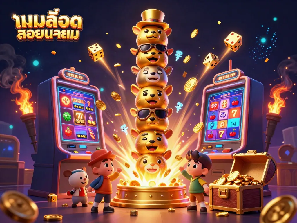 Experience the excitement of เกมสล็อตยอดนิยม with vibrant animations and a dynamic casino scene.