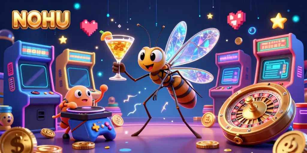 Experience NOHU's vibrant casino world with cartoon characters, neon lights, and exciting gaming elements.