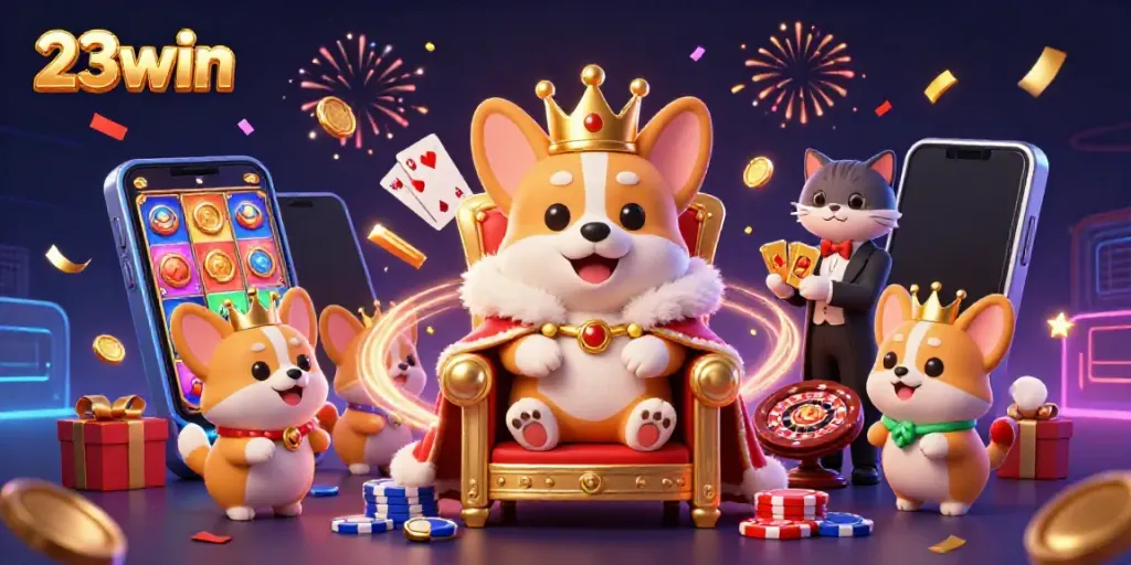 Experience 23win's thrilling gaming scene with a royal corgi and vibrant casino elements.