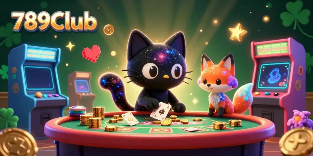Engage in the cosmic fun of 789Club as a black hole cat brings in golden casino winnings at a vibrant celestial gaming table.