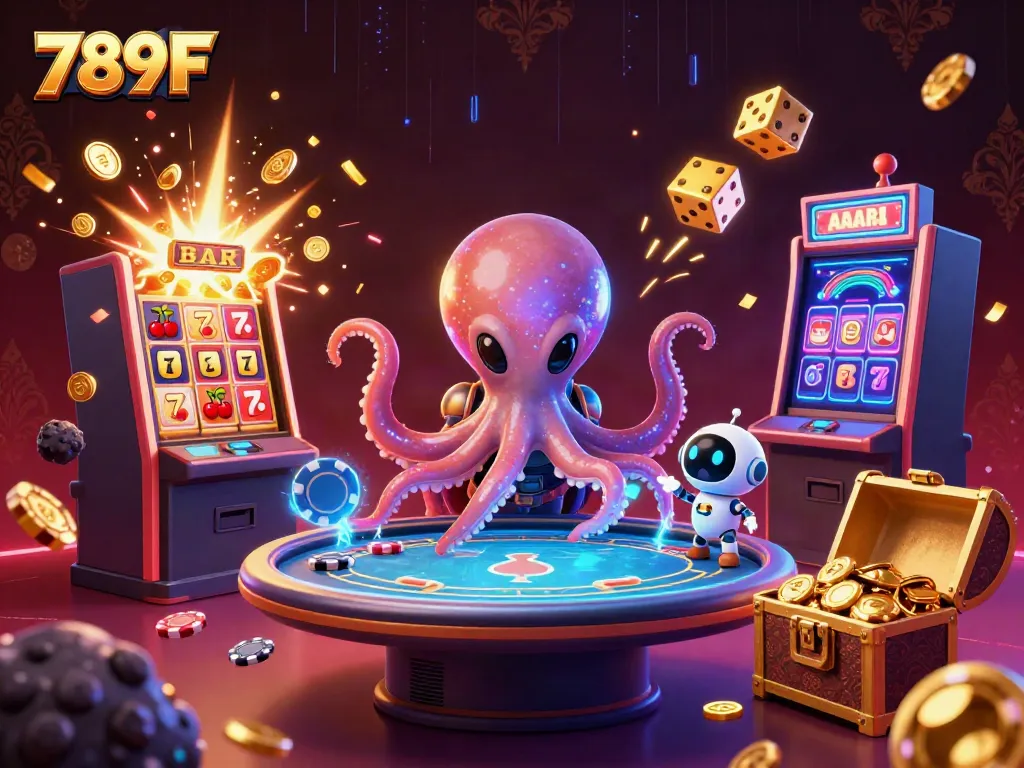 Place your bets at 789F with an immersive 3D octopus running a holographic poker table amidst exploding jackpots and vibrant casino elements.
