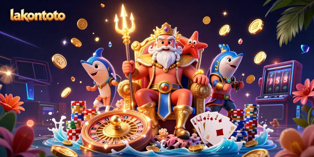 Permainan meriah di Lakontoto dengan Raja Neptunus dan karakter 3D lainnya dikelilingi simbol judi