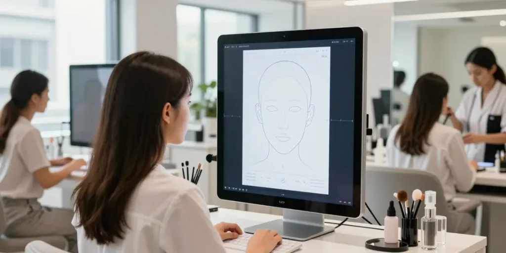 Young woman evaluating Alternatives to QOVES in a contemporary beauty studio.