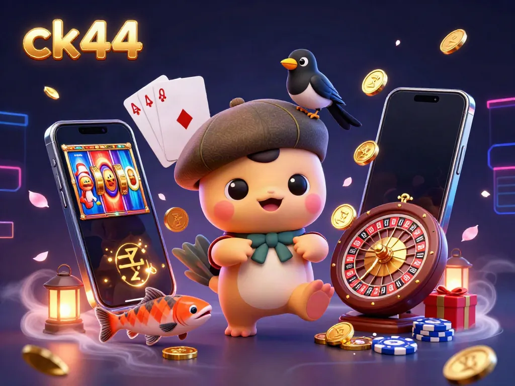 Engaging ck44 casino themed illustration showcasing baby Nessie, magpie, and salmon with vibrant gaming elements.