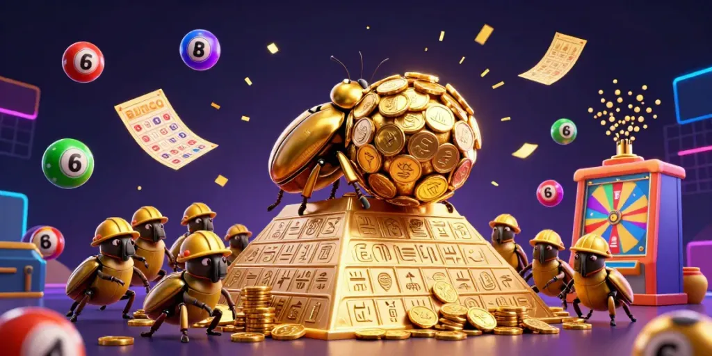 Kèo Nhà Cái Pizza showcases a vibrant 3D scene with a golden dung beetle and colorful lottery elements.