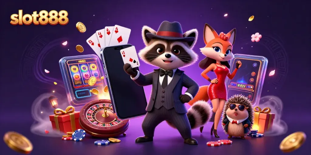 Engage with slot888's vibrant gaming world through a raccoon, fox, and hedgehog enjoying a lively casino scene.
