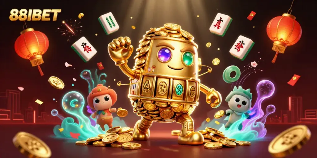 Experience the vibrant world of 88IBET with a dynamic 3D illustration depicting a golden golem and festive game elements.