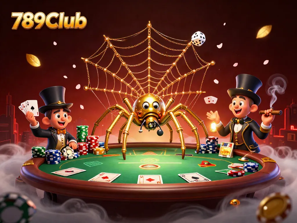 Experience thrilling gameplay at 789Club with this vibrant casino scene featuring a steampunk spider and poker elements.