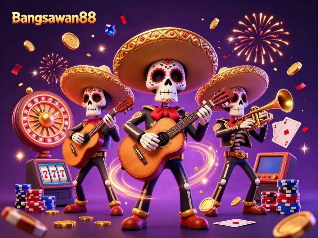 Bangsawan88 features vibrant Day of the Dead mariachi skeletons playing amidst gold coins and casino elements.