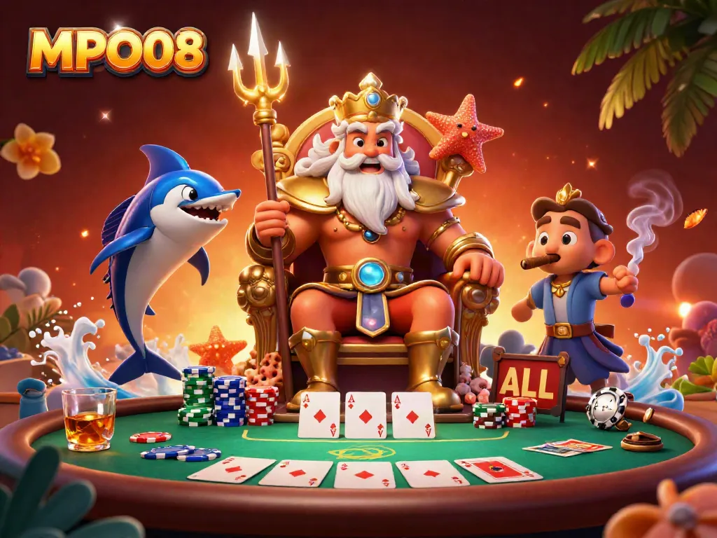 Experience the exciting world of MPO08 with cartoon Neptune and poker action in a dynamic casino-themed illustration.
