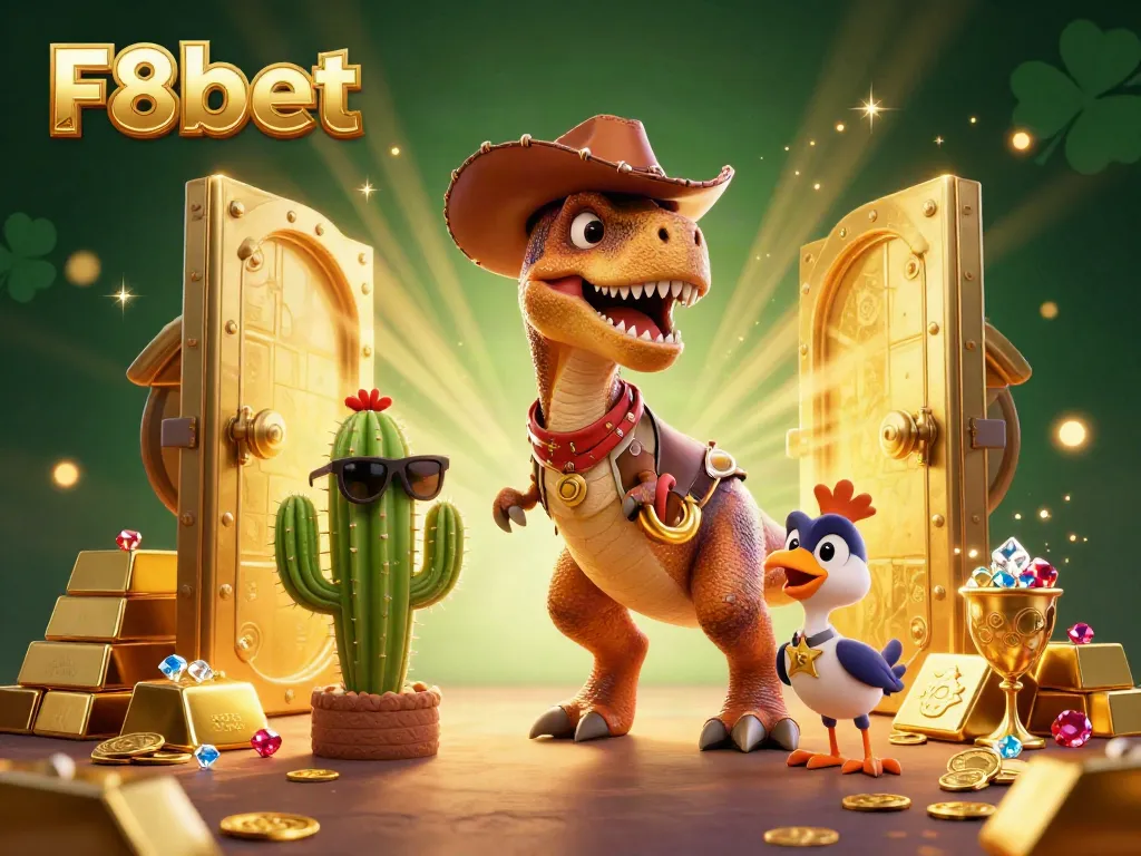 Experience the exciting world of F8bet with a dynamic 3D casino adventure illustration.