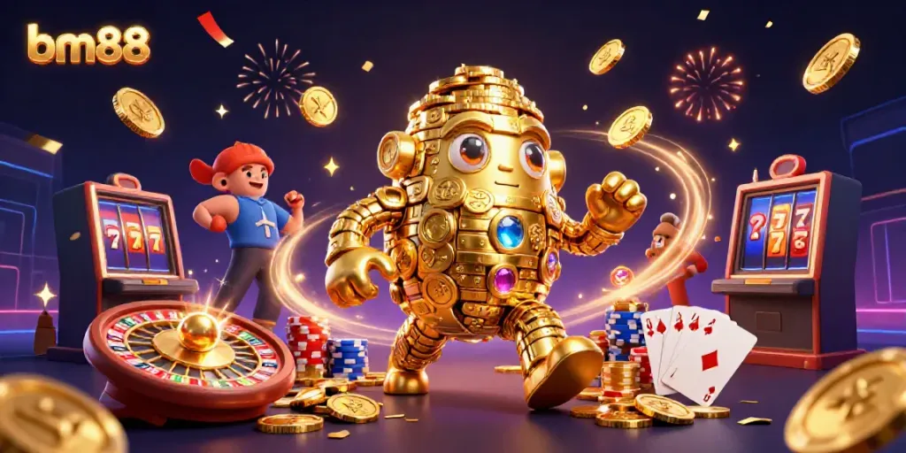 Experience exciting gameplay with bm88's 3D cartoon casino adventure filled with golden coins and jackpots.