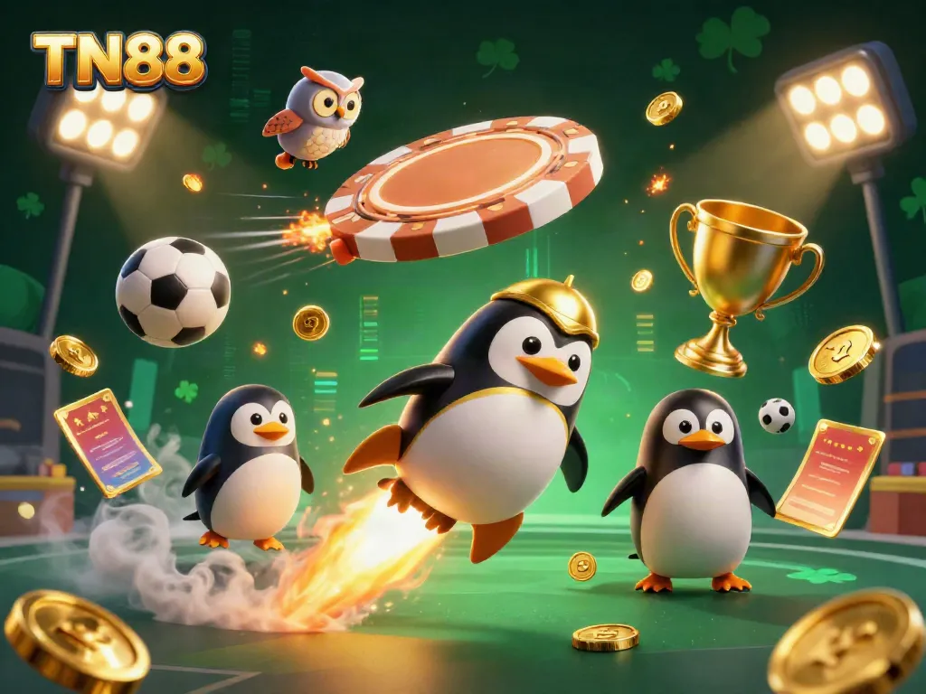 Experience the excitement of TN88 with a golden penguin and dynamic sports elements in this vibrant illustration.