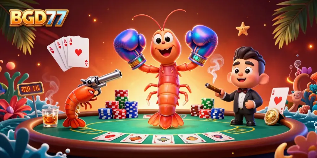 BGD77 showcases a vibrant online casino scene with characters engaging in high-stakes poker.