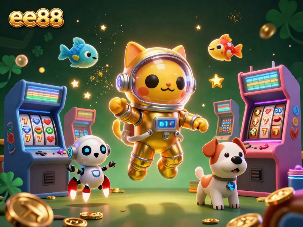 Engage in exciting gaming adventures with ee88 as a cat astronaut and robot dog explore a vibrant casino world.