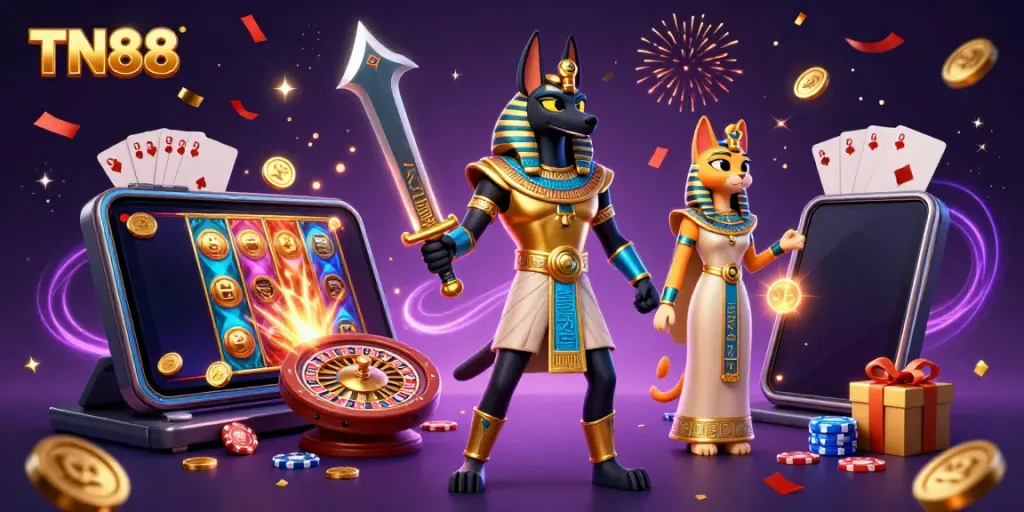 Experience thrilling gameplay with TN88, as Anubis and Bastet in an engaging casino atmosphere.