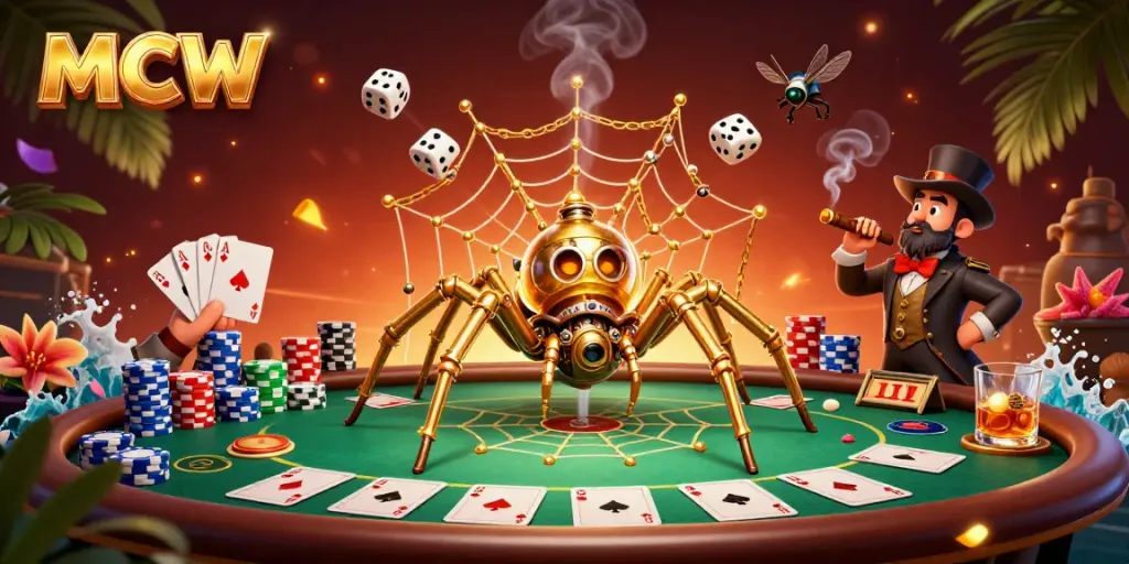 MCW's vibrant steampunk spider illustration weaving golden chains and poker chips in an online casino setting.