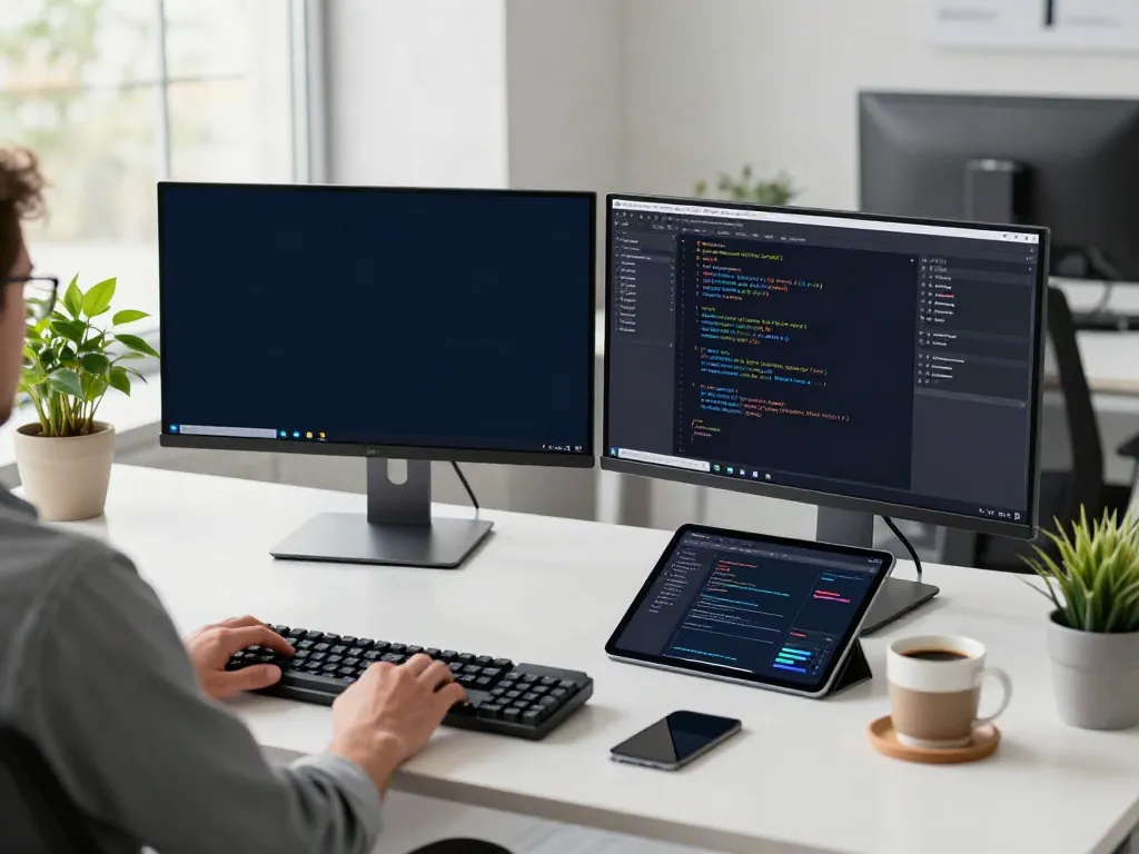 Brave浏览器 showcased in a modern workspace with a developer coding.