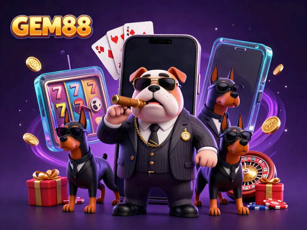 Experience the excitement of GEM88 with the mafia bulldog and Doberman bodyguards amid colorful slot games and casino elements.