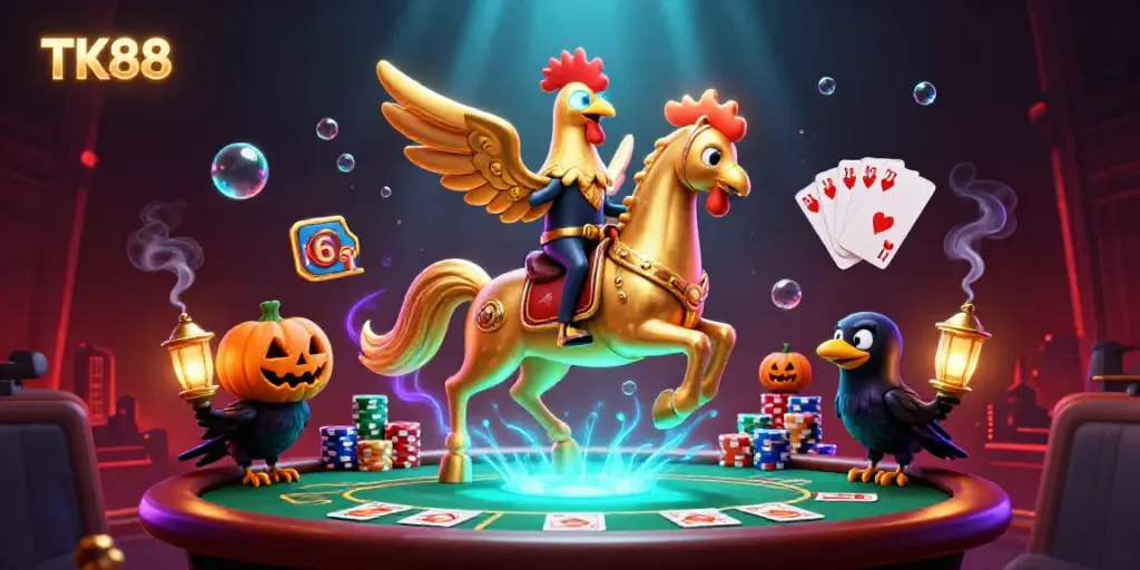 Experience the magic of TK88 in a vibrant casino scene with the golden rooster and captivating elements.