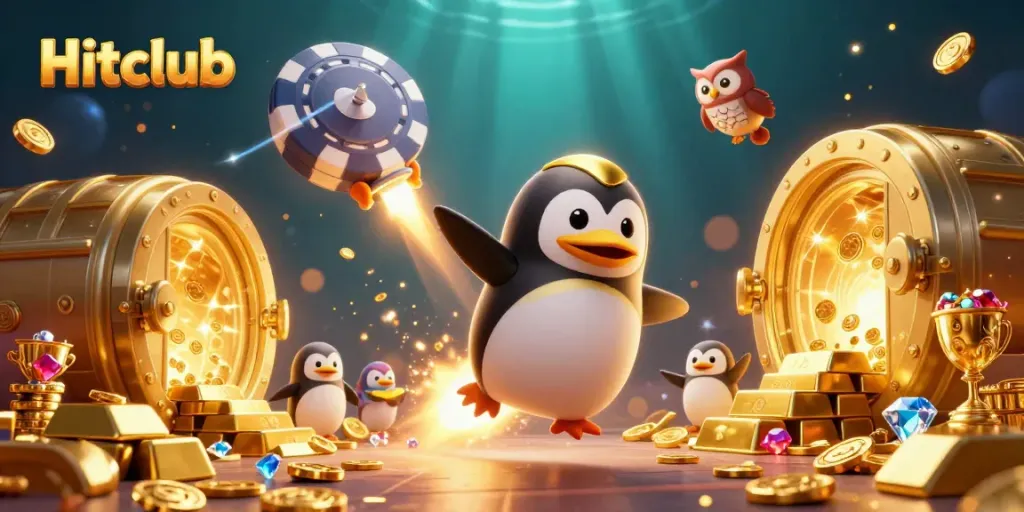 Experience the thrill of gaming at Hitclub with a golden penguin soaring to a space casino filled with treasures.