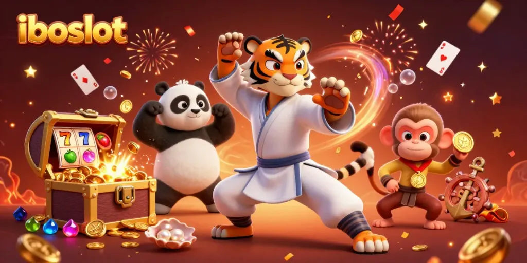 Engaging iboslot illustration with kung fu tiger and panda, showcasing dynamic slot reels and festive effects.
