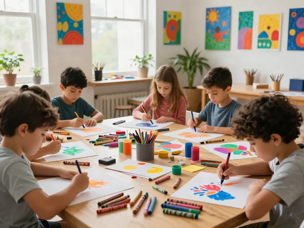 Children creating art with various crayon manufacturers in a colorful studio.