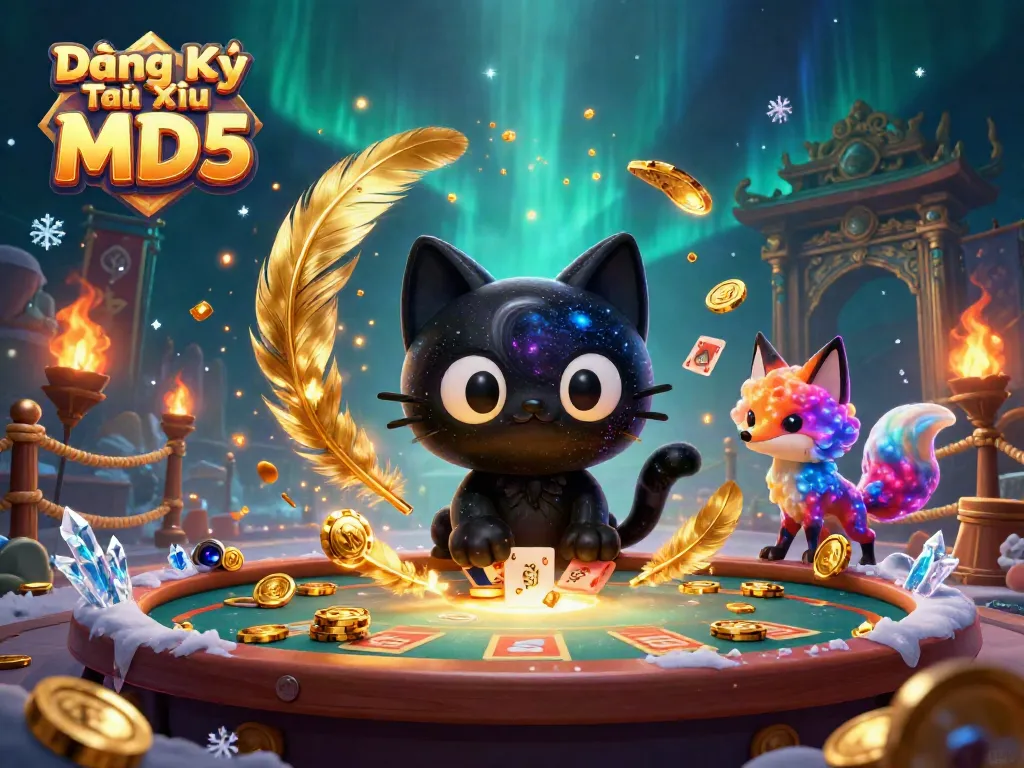 Experience fun with Đăng Ký Tài Xỉu MD5 where a cosmic cat and vibrant fox play at an exciting casino table.