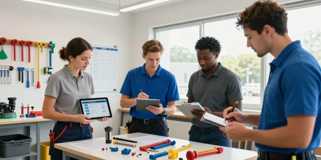 Team of plumbers using plumbing business software in a collaborative workshop environment, highlighting technology and teamwork.