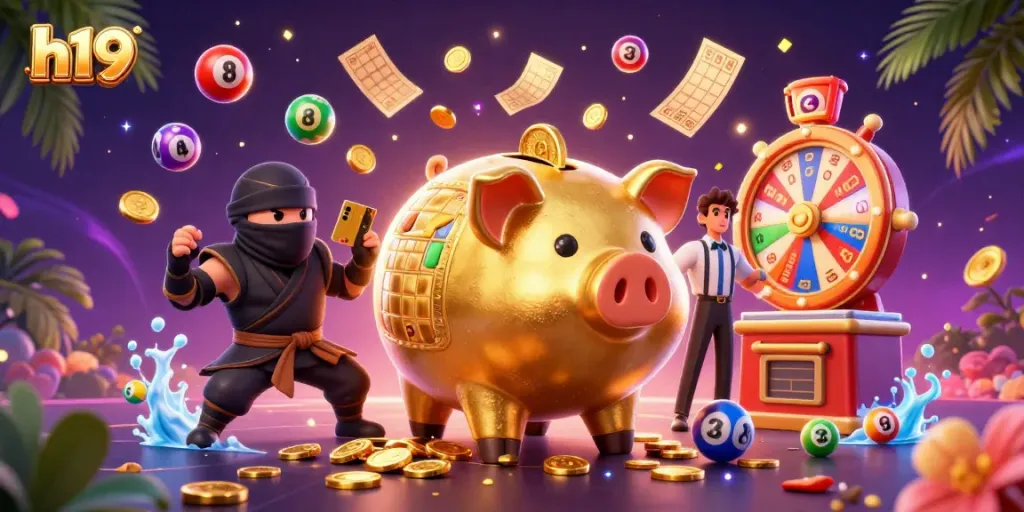Experience h19's exciting gaming action with a golden piggy bank sumo wrestler shaking loose coins.