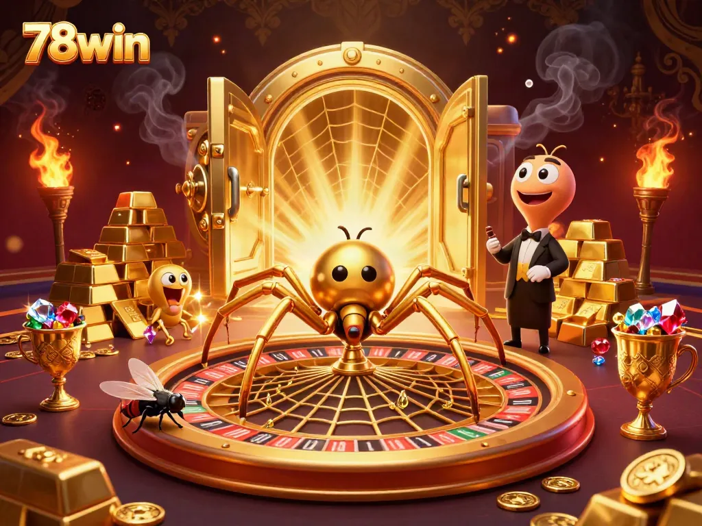 Engage with the vibrant 78win casino scene showcasing thrilling bets amidst a golden web.
