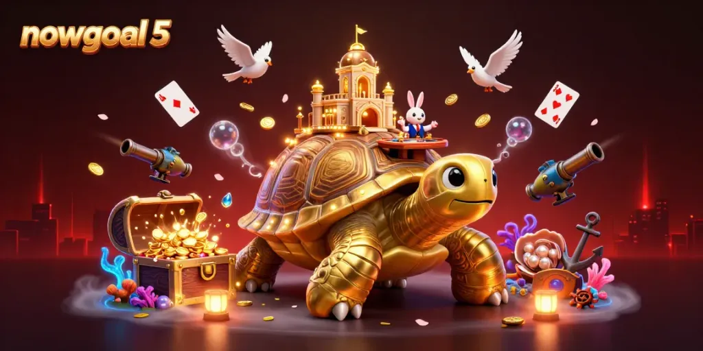 Win big with nowgoal 5 in a vibrant casino setting featuring a golden tortoise and rabbit dealer.