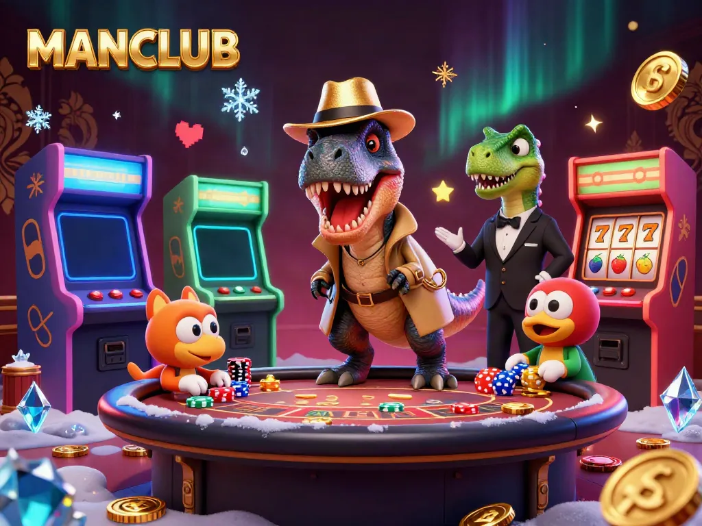 MANCLUB showcases a velociraptor card counter at a blackjack table, surrounded by lively casino elements.