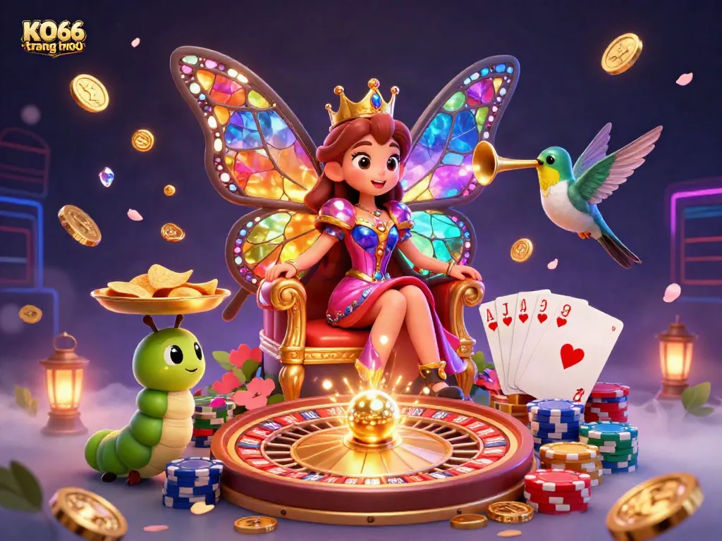Experience the thrill of KO66 trang chủ with a vibrant scene featuring a butterfly queen at an online casino.