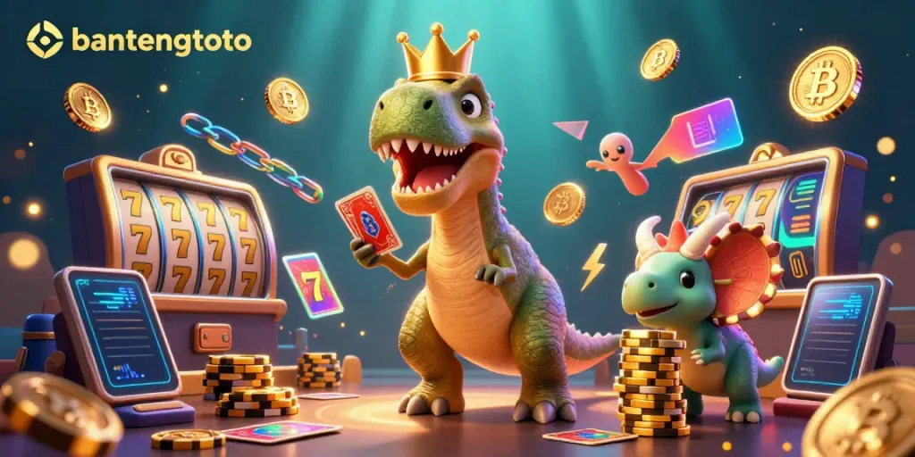 Players engage in vibrant bantengtoto gaming with a T-Rex shuffling cards and a triceratops stacking chips.
