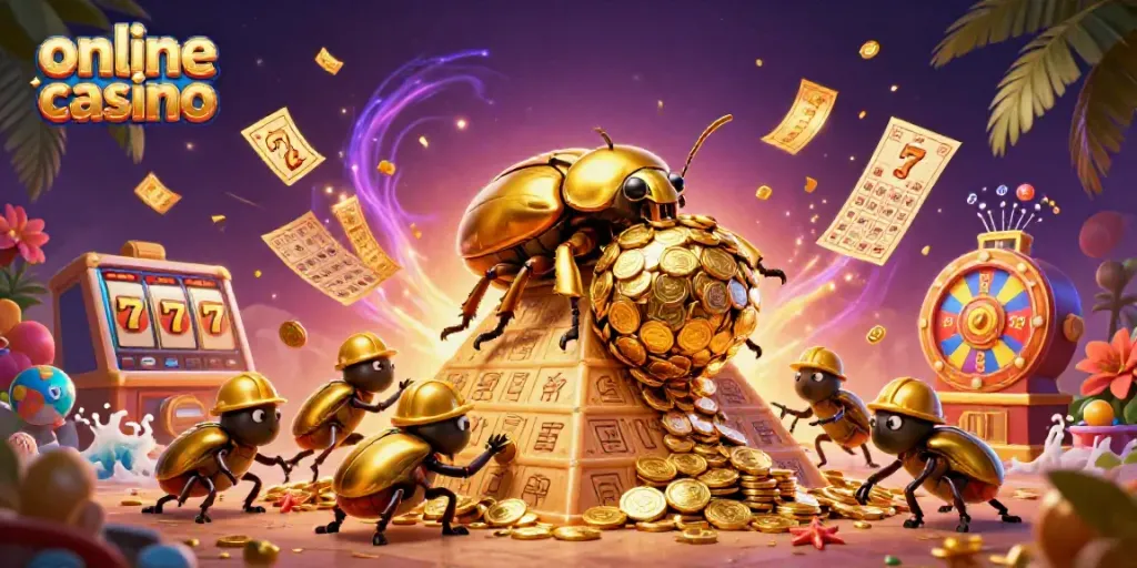 Experience vibrant online casino excitement with a golden beetle rolling coins amidst dynamic game elements.