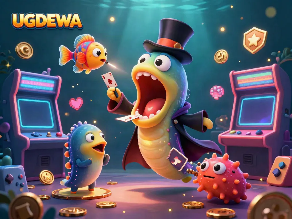 Experience casino thrills with UGDEWA featuring a bioluminescent gulper eel magician, poker elements, and dynamic game visuals.