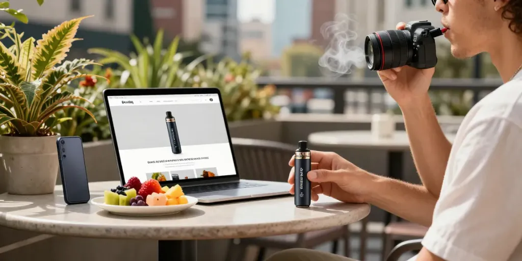Savoring the Boutiq Switch Disposable at an outdoor café, showcasing cannabis vaping lifestyle.