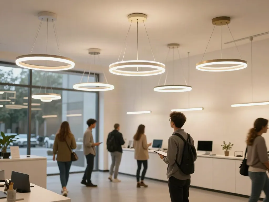 Vânzător de lumini într-un magazin local, prezentând lustre LED moderne.