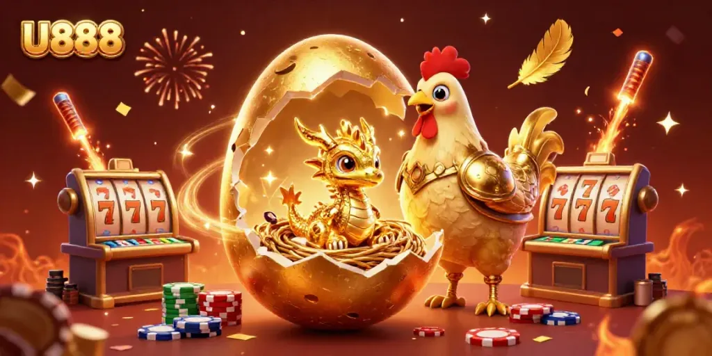 Experience U888's thrilling world featuring a golden dragon and vibrant gambling elements.