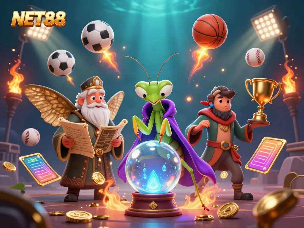 Immerse in NET88's vibrant sports betting scene featuring a fortune teller and librarian.