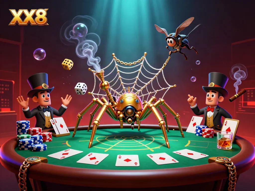 Experience the excitement of XX8 with our vibrant illustration showcasing a golden spider and poker elements.
