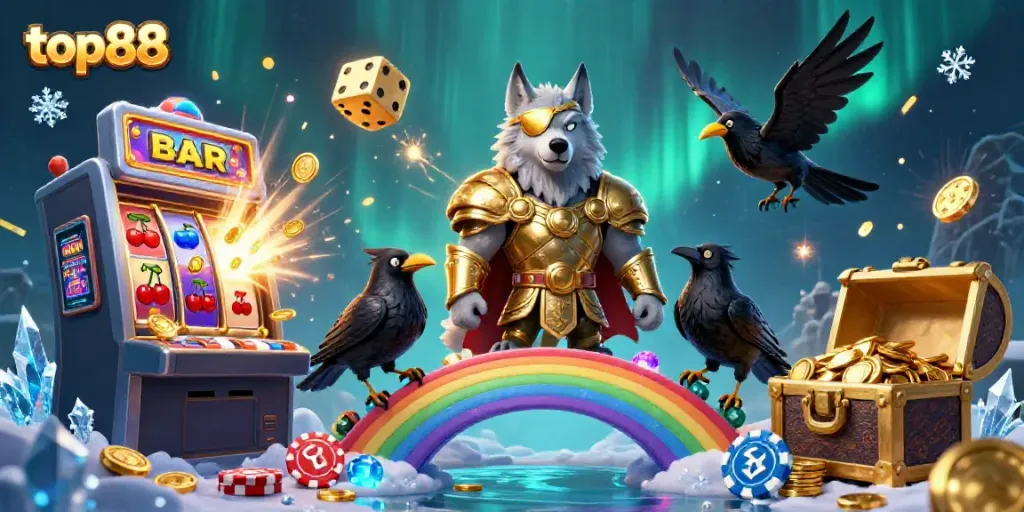 Engage with top88's exciting gaming experience through vibrant 3D casino visuals and Norse mythology elements.