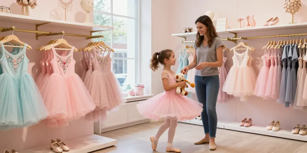Cheerful shopping experience at a tutu store with colorful tutus and a young girl spinning in a pink tutu.