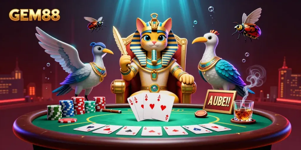 Engage in thrilling poker action at GEM88 with a vibrant scene featuring a royal Egyptian pharaoh cat, chips, and cards.